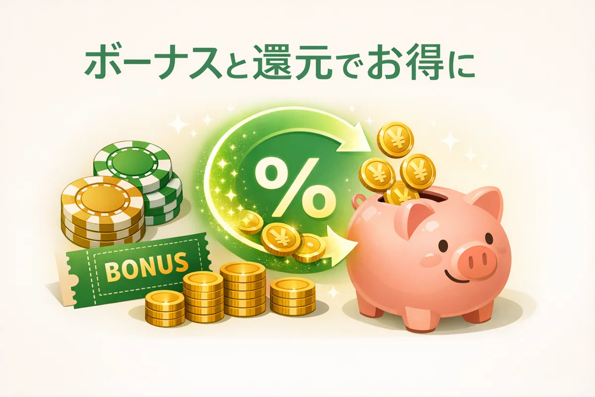 オンラインカジノのボーナスとキャッシュバックでお得にするイメージ